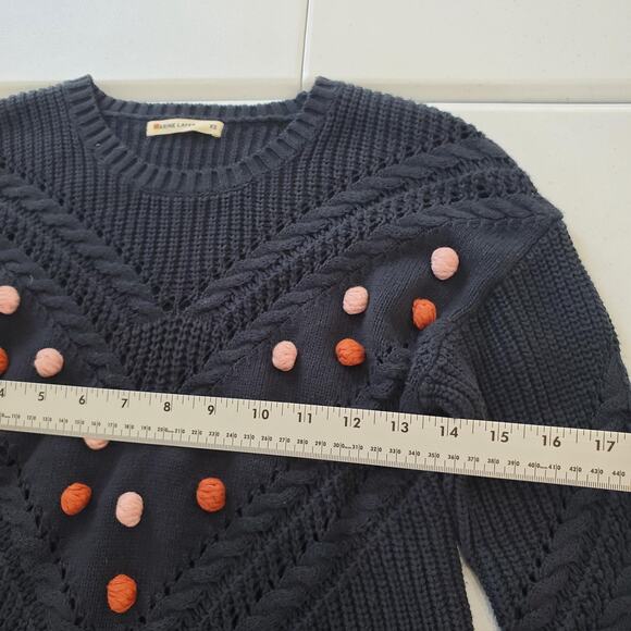 Marine Layer Sweater Womens XS Navy Pom Pom Bobble Cable Knit Crewneck Pullover - Picture 6 of 9